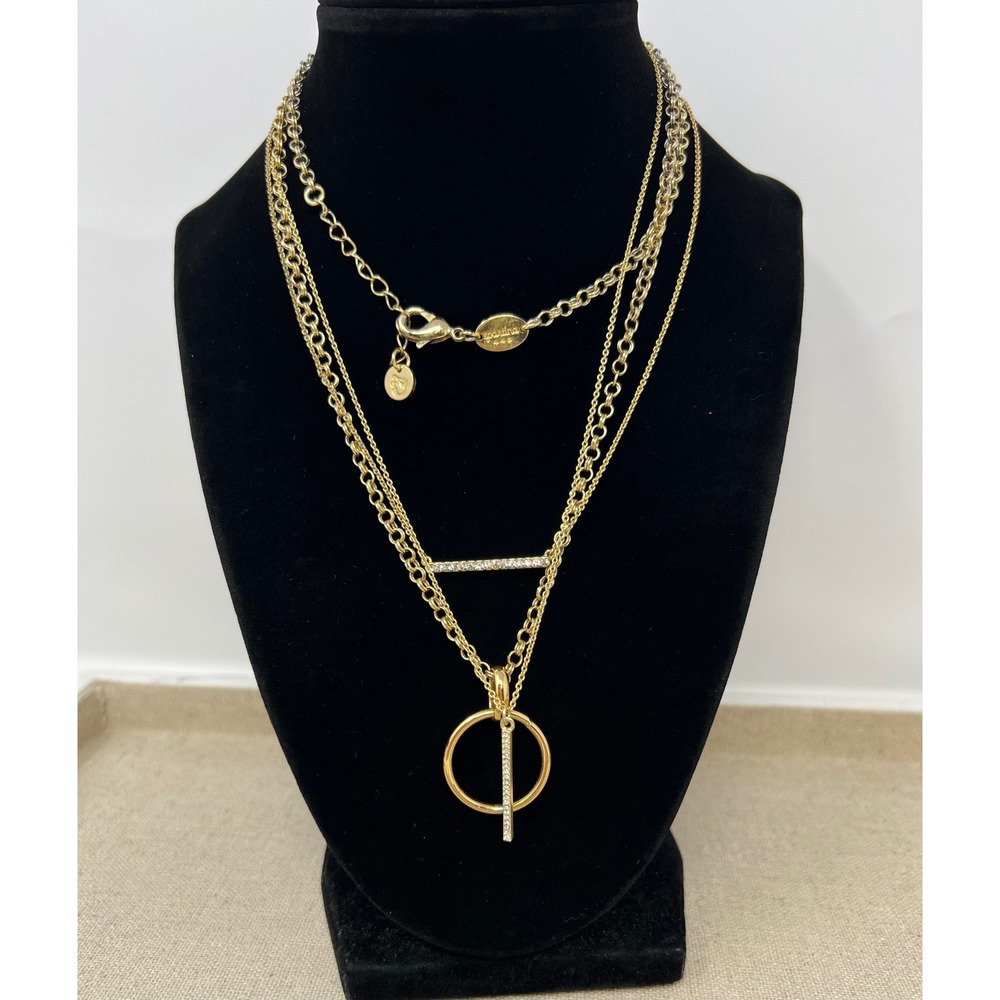 Spartina 449 Gold Tone Layered Pave Crystal Bar and Circle Pendant Necklaces